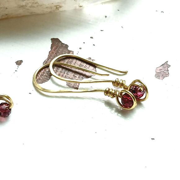 Hammered Dainty Ruby Red Glass Beaded Dangle Earrings, 1.5" - Picture 4 of 7